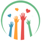 Tegning af hænder i blå, gul, rød og grøn med grøn ring om